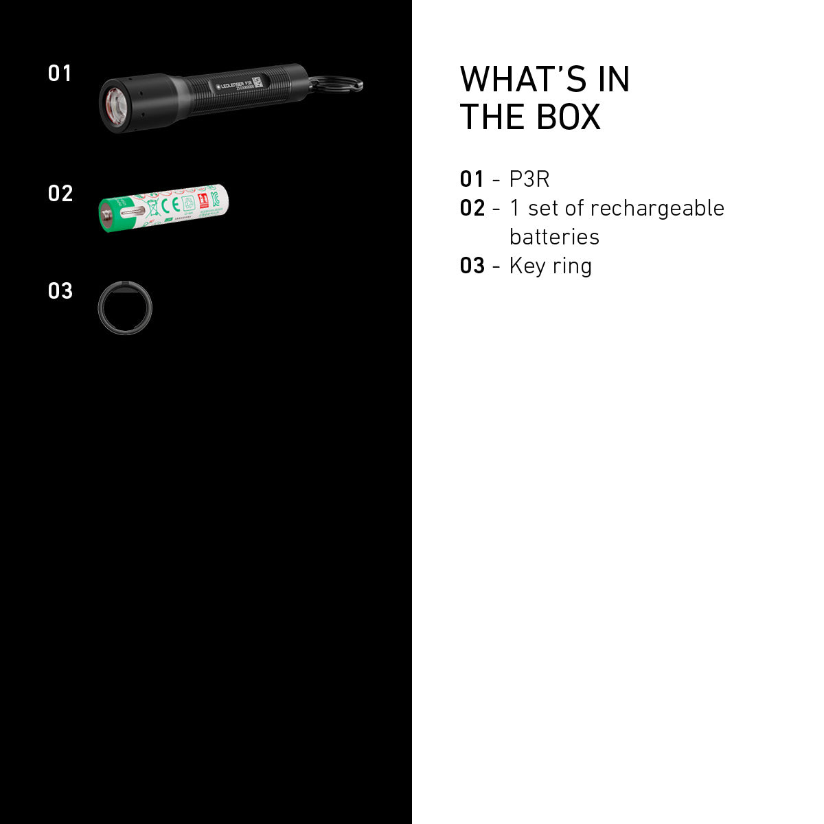 What is in the box with the Ledlenser P3R: torch, rechargeable battery and key ring