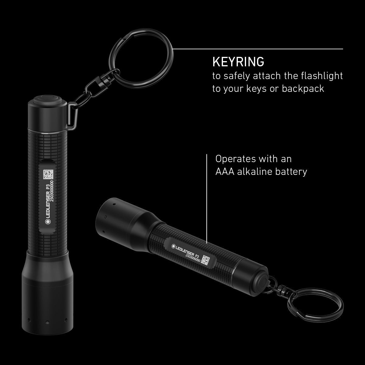 Ledlenser P3 infographic showing the key ring and single AAA battery