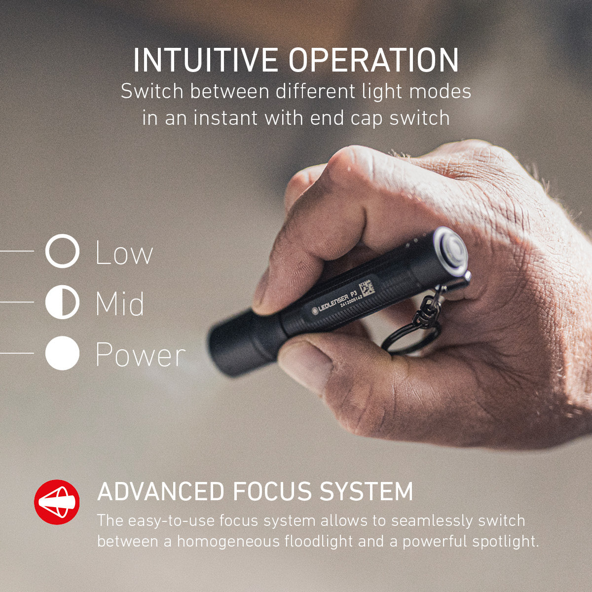 Hand holding the Ledlenser P3, with its three light modes and focus system