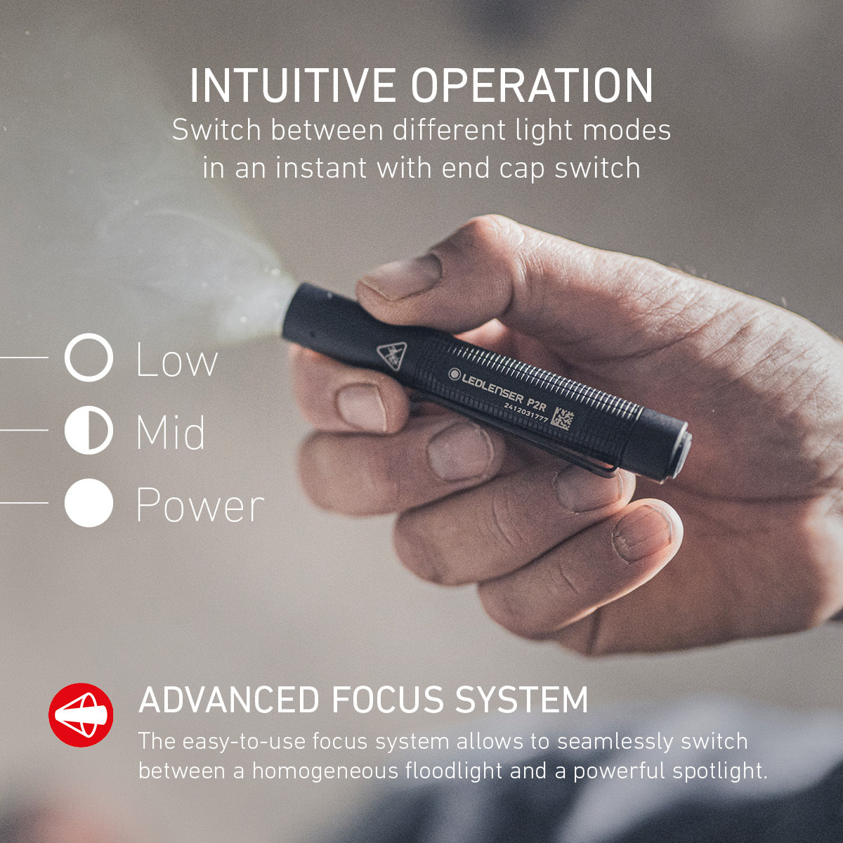 Hand holding the Ledlenser P2R, with its three light modes and focus system