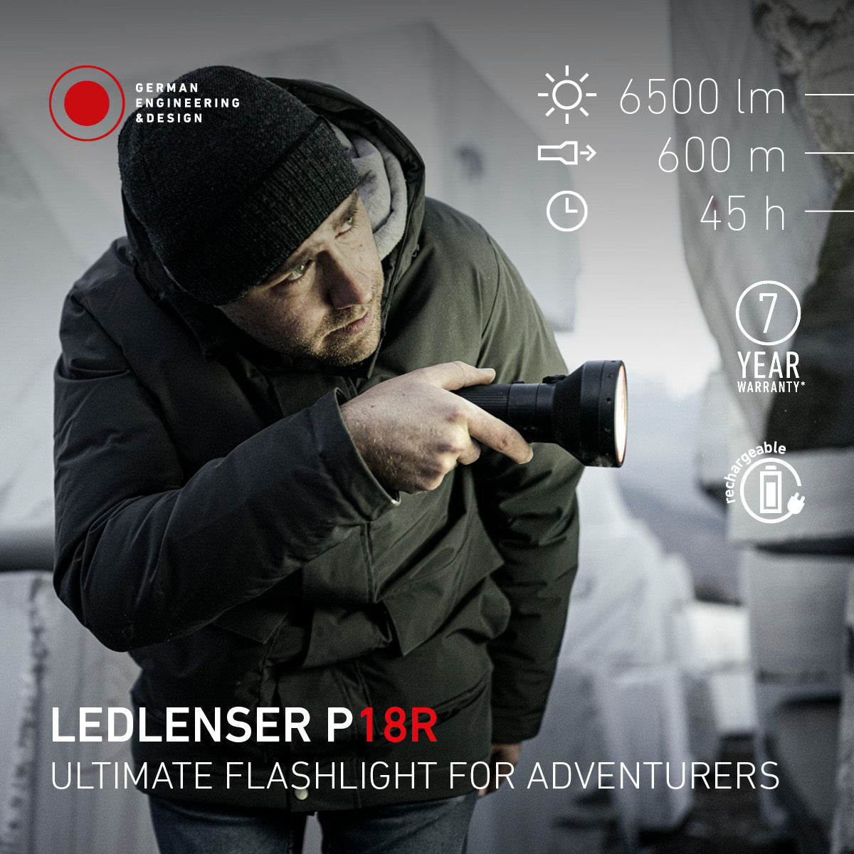 Man in a beanie searching with the Ledlenser P18R