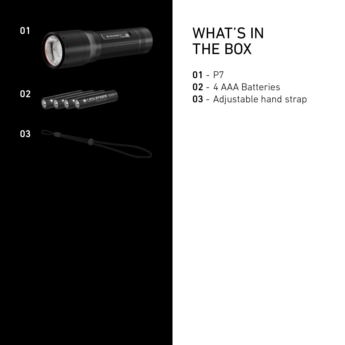 What is in the box with the Ledlenser P7: torch, four AAA batteries and hand strap