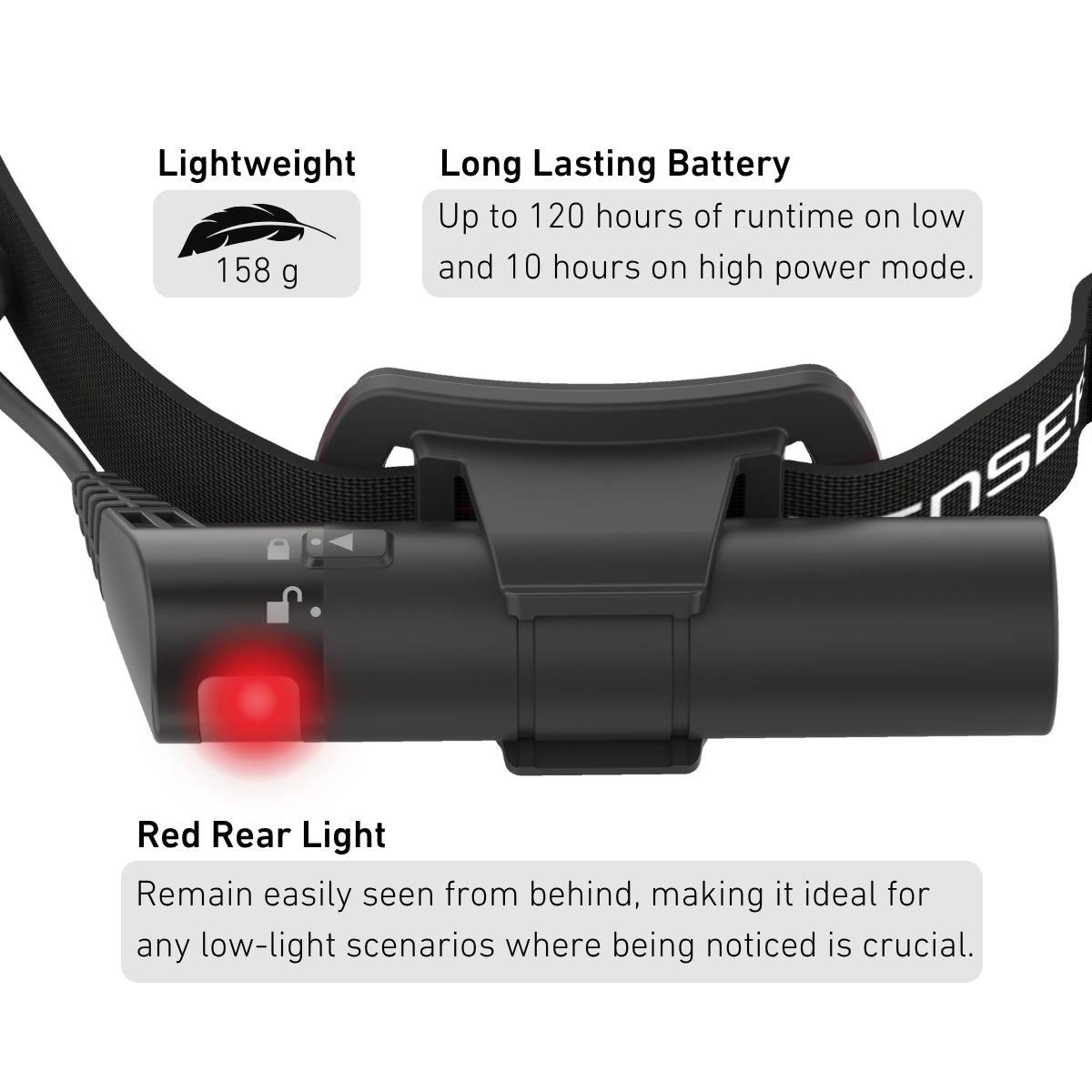 Ledlenser MH10 SE infographic showing 158g weight, 120 hour runtime and red rear light