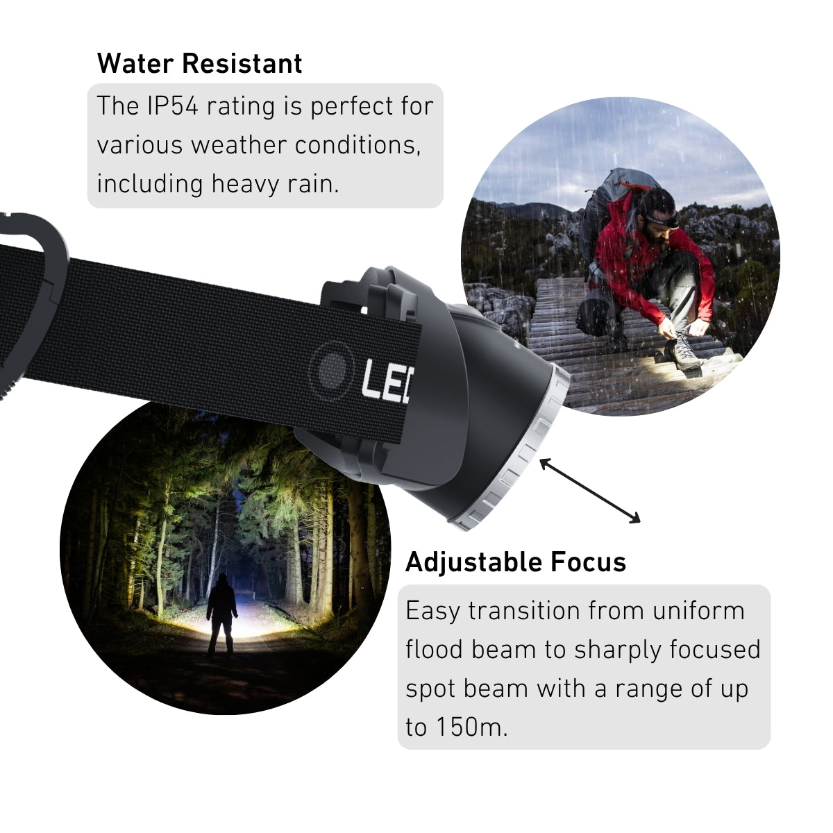 Ledlenser MH10 SE infographic showing IP54 water resistance and adjustable focus to 150m