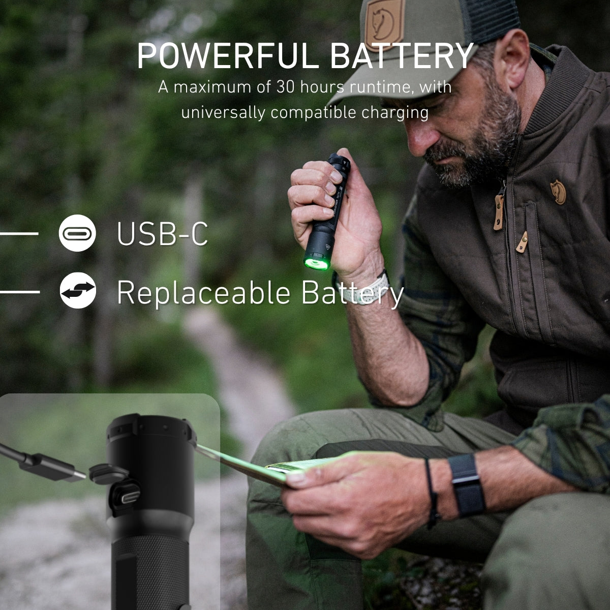Man reading a map by green light from the Ledlenser TAC7R, with inset showing the USB-C charging port