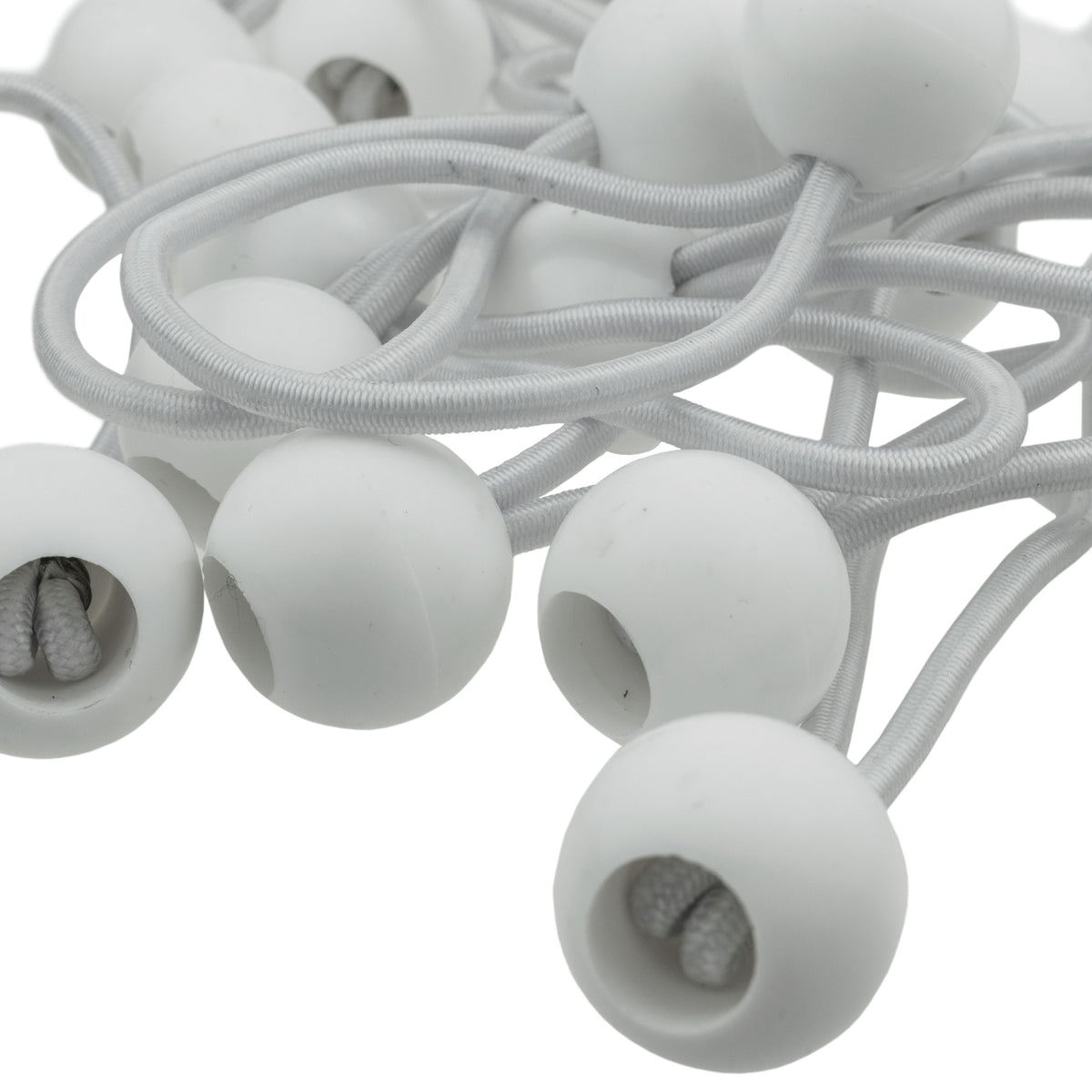 Close-up of the white bungee balls and cord loops in the Green/Brown L-Grade Tarpaulin with 20 x 4" Bungee Balls (White)