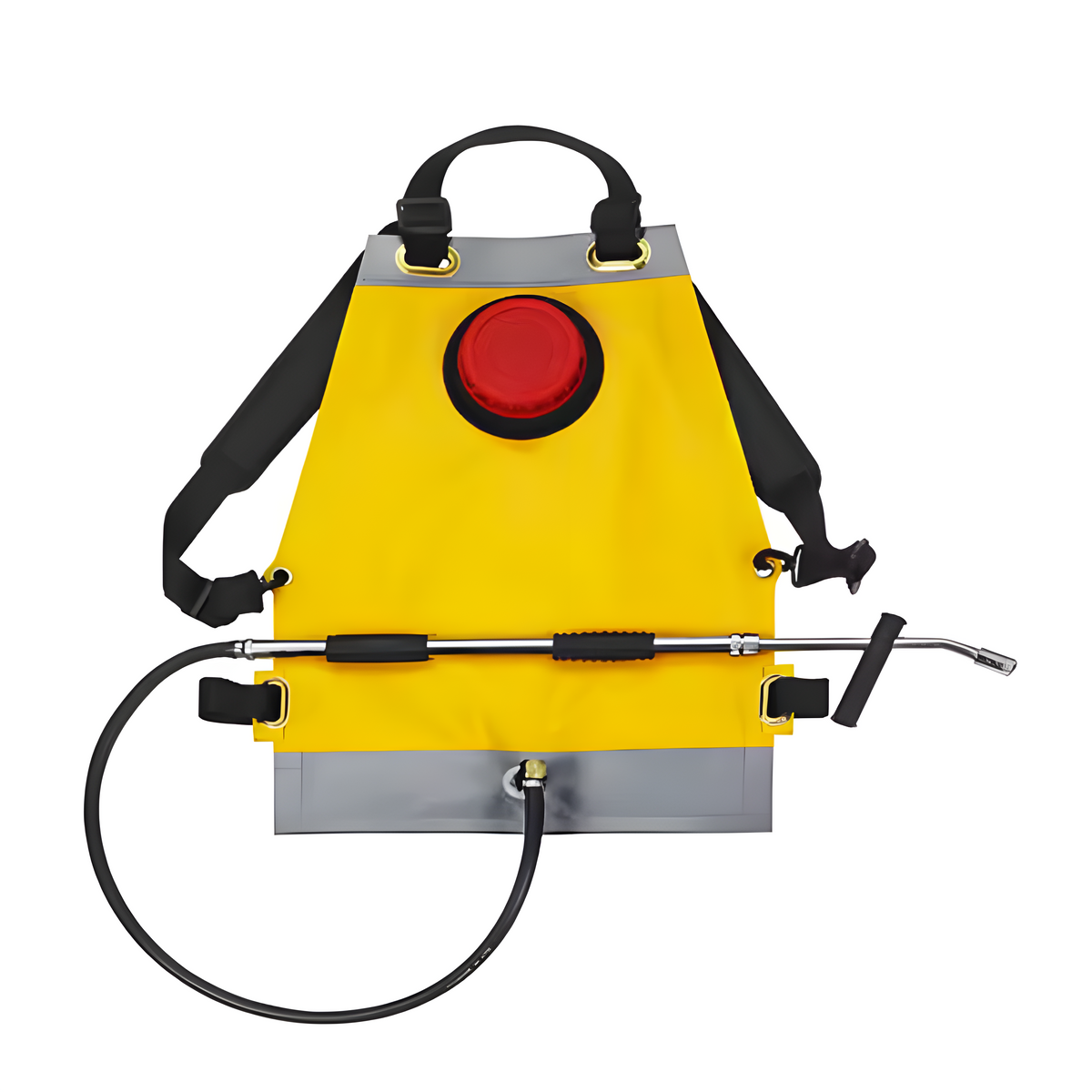 Bush Fire Aqua Backpack in yellow PVC, red filler cap, hose and lance stowed on front