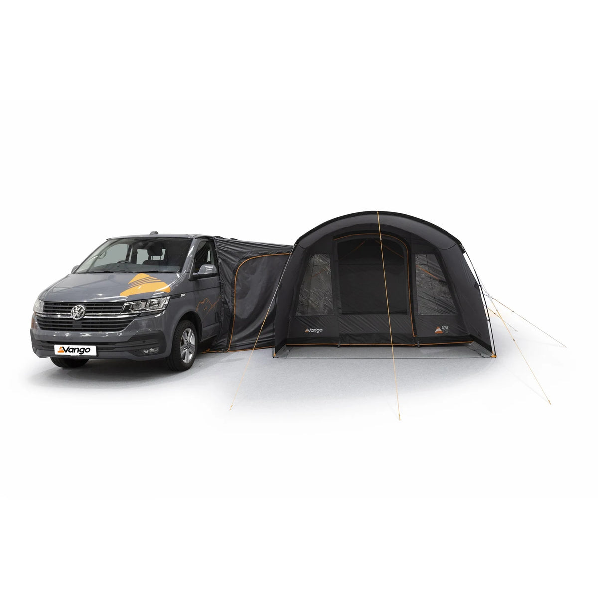 Front view of the Vango Cove III awning connected to a campervan by its tunnel