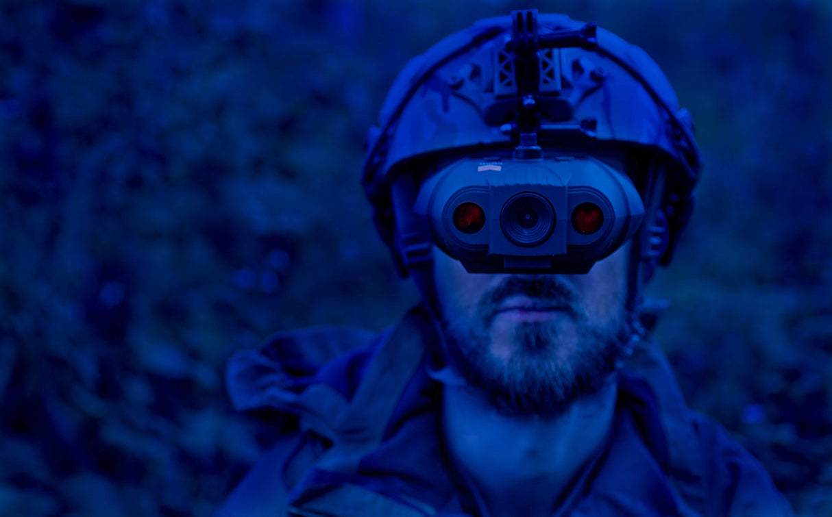 Nightfox Swift Night Vision Goggles - helmet mounted in use