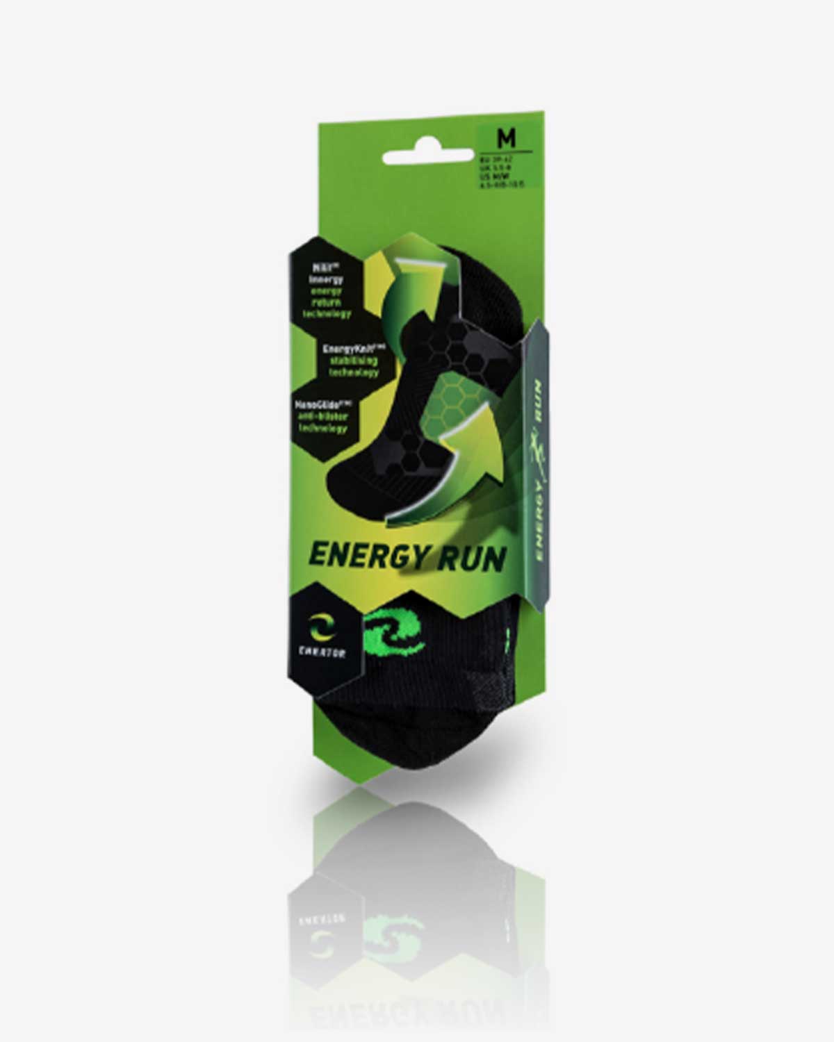 Enertor Energy Run socks in their green retail packaging, size M