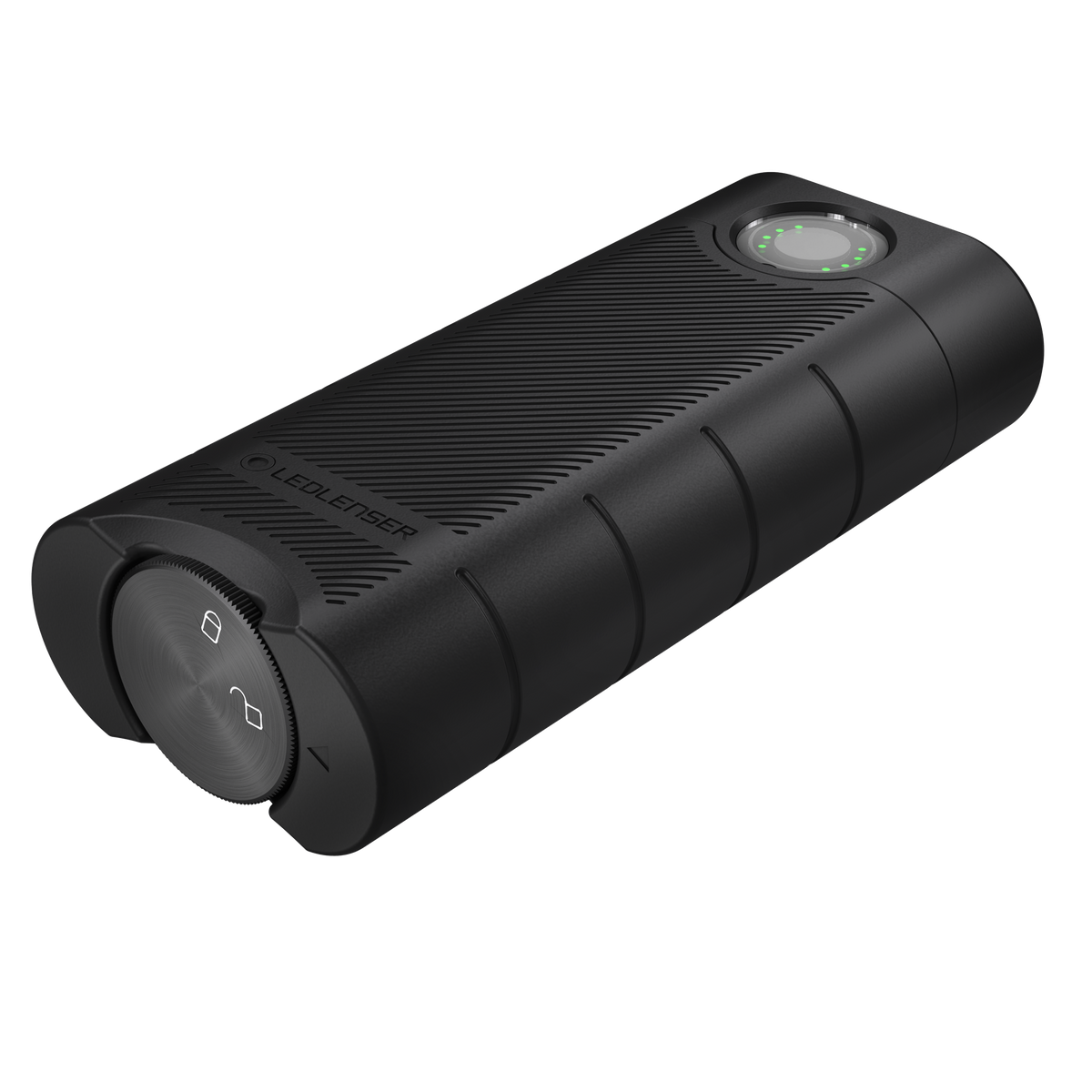 Ledlenser FLEX10 end view showing the twist-lock battery cap with lock and unlock symbols