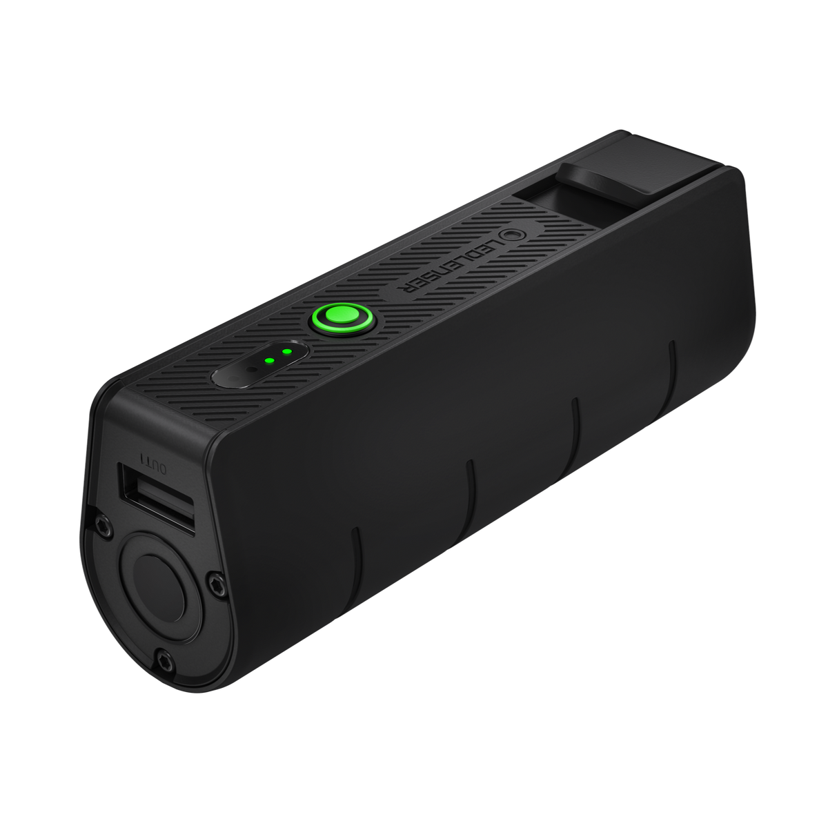 Ledlenser FLEX5 power bank lying flat, showing the USB-A port, green power button and charge level lights