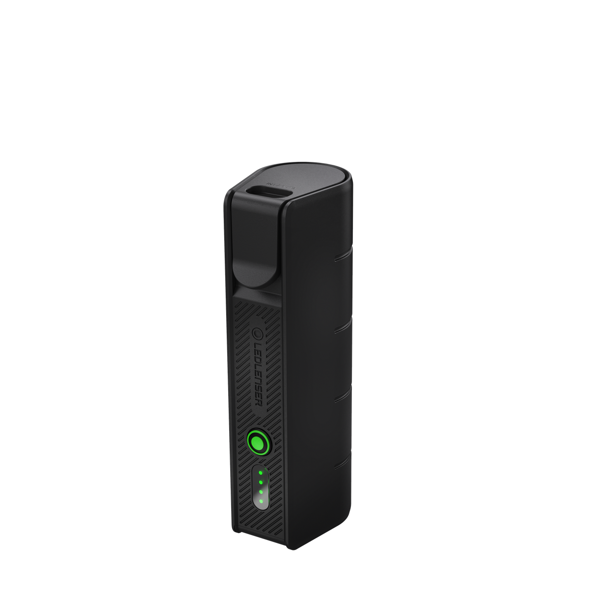 Ledlenser FLEX5 power bank standing upright with its battery cap closed and four green charge lights