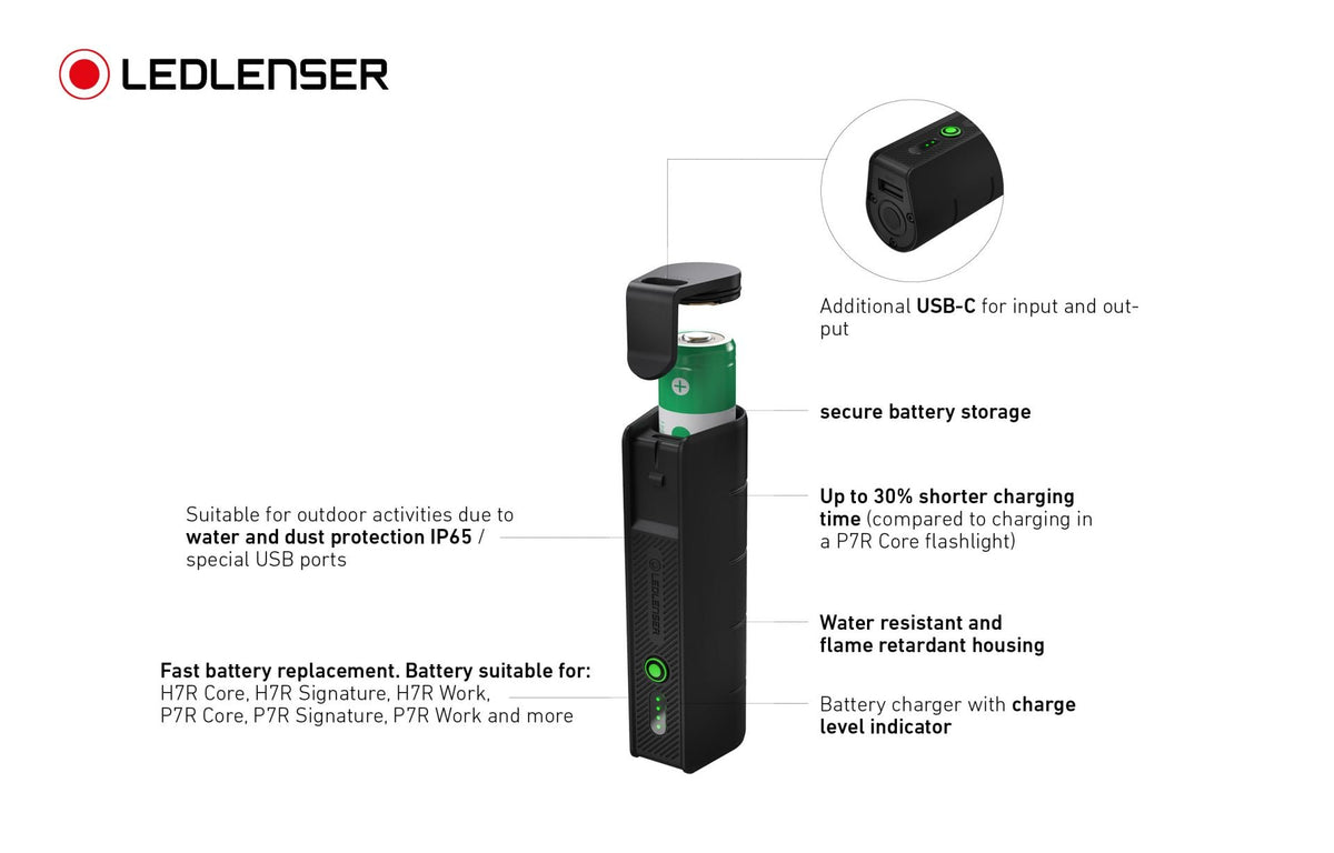 Ledlenser FLEX5 features: USB-C in and out, secure battery storage, IP65, flame retardant housing and charge indicator