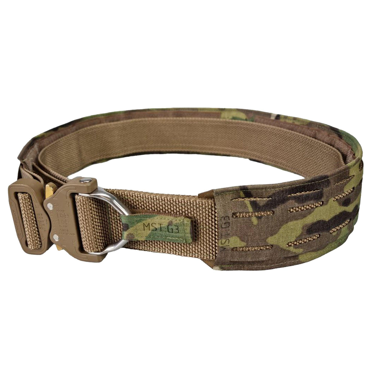 MilSpec Tailor Laser Cut Gen3 War Belt in Crye Multicam from the front on white background