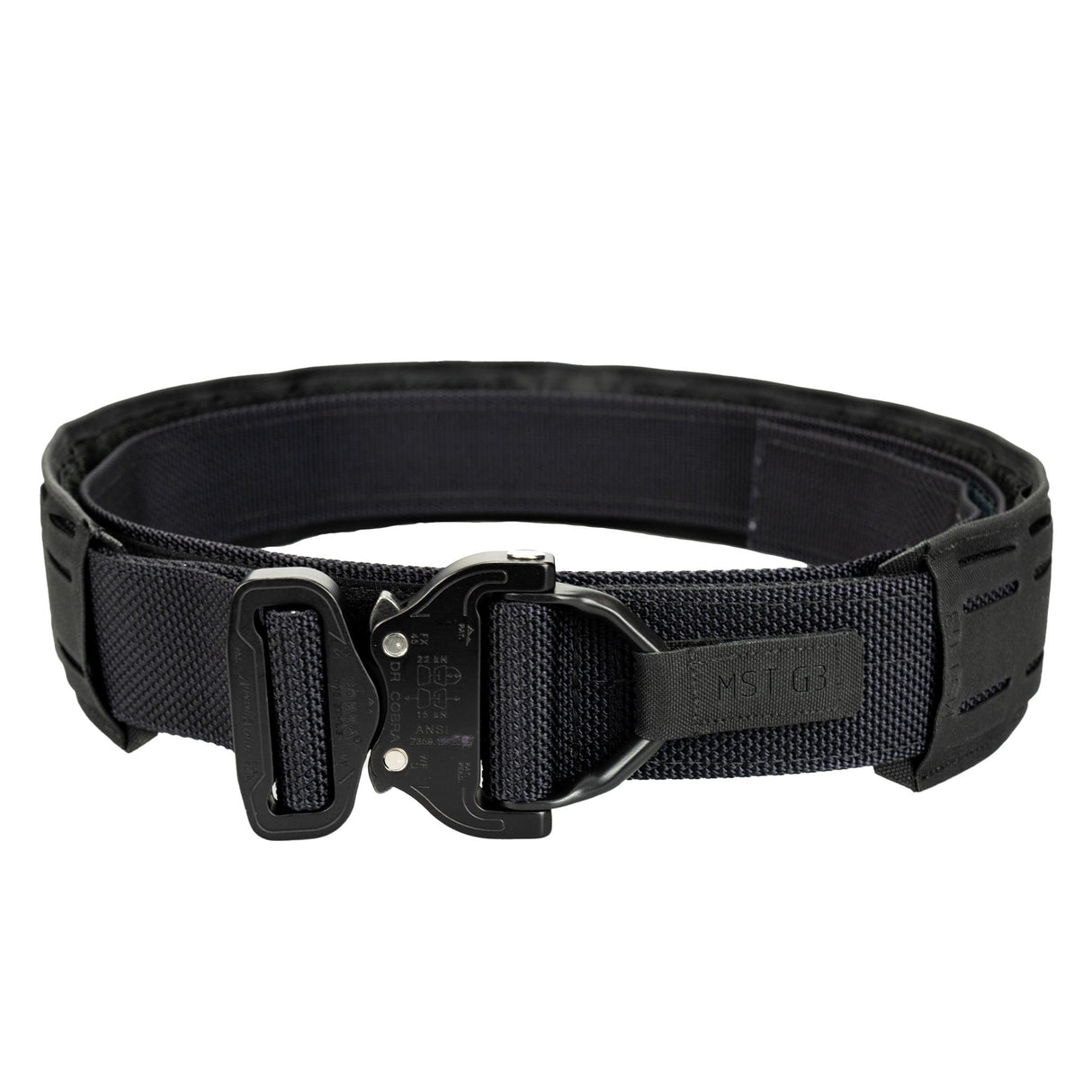 MilSpec Tailor Laser Cut Gen 3 War Belt in Black from the front on white background