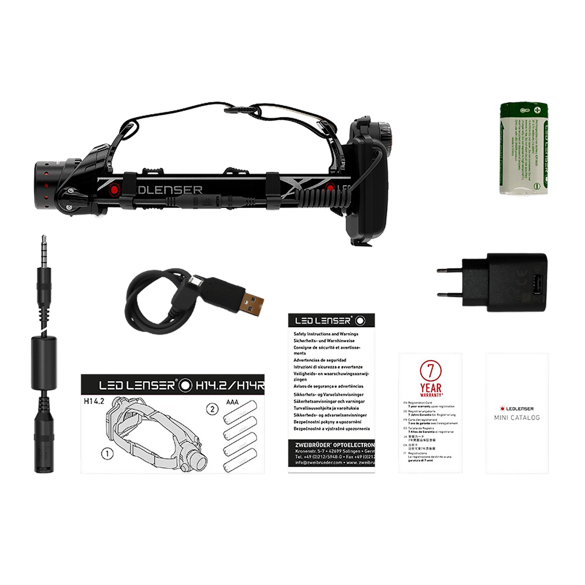 Ledlenser H14R.2 box contents: head torch, battery pack, USB cable, extension cable, plug and paperwork