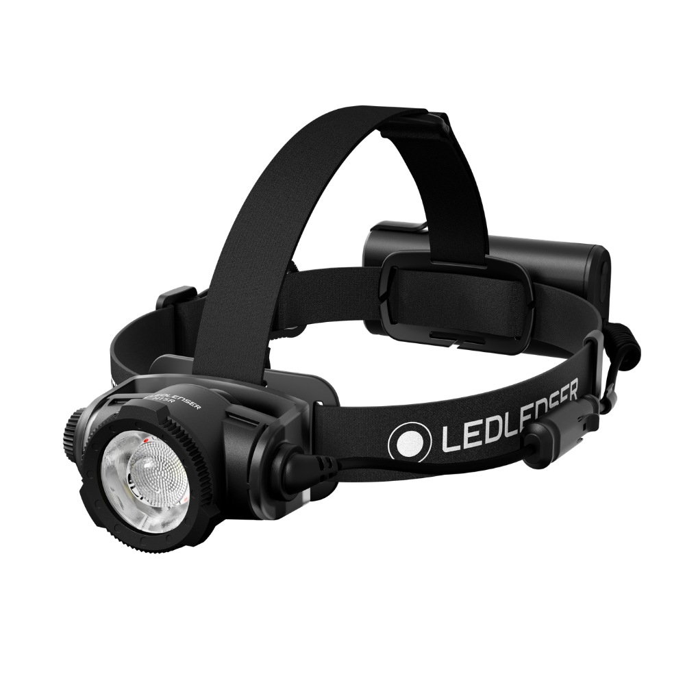 Ledlenser H15R head torch in black with focus ring lamp head, top strap and rear battery pack