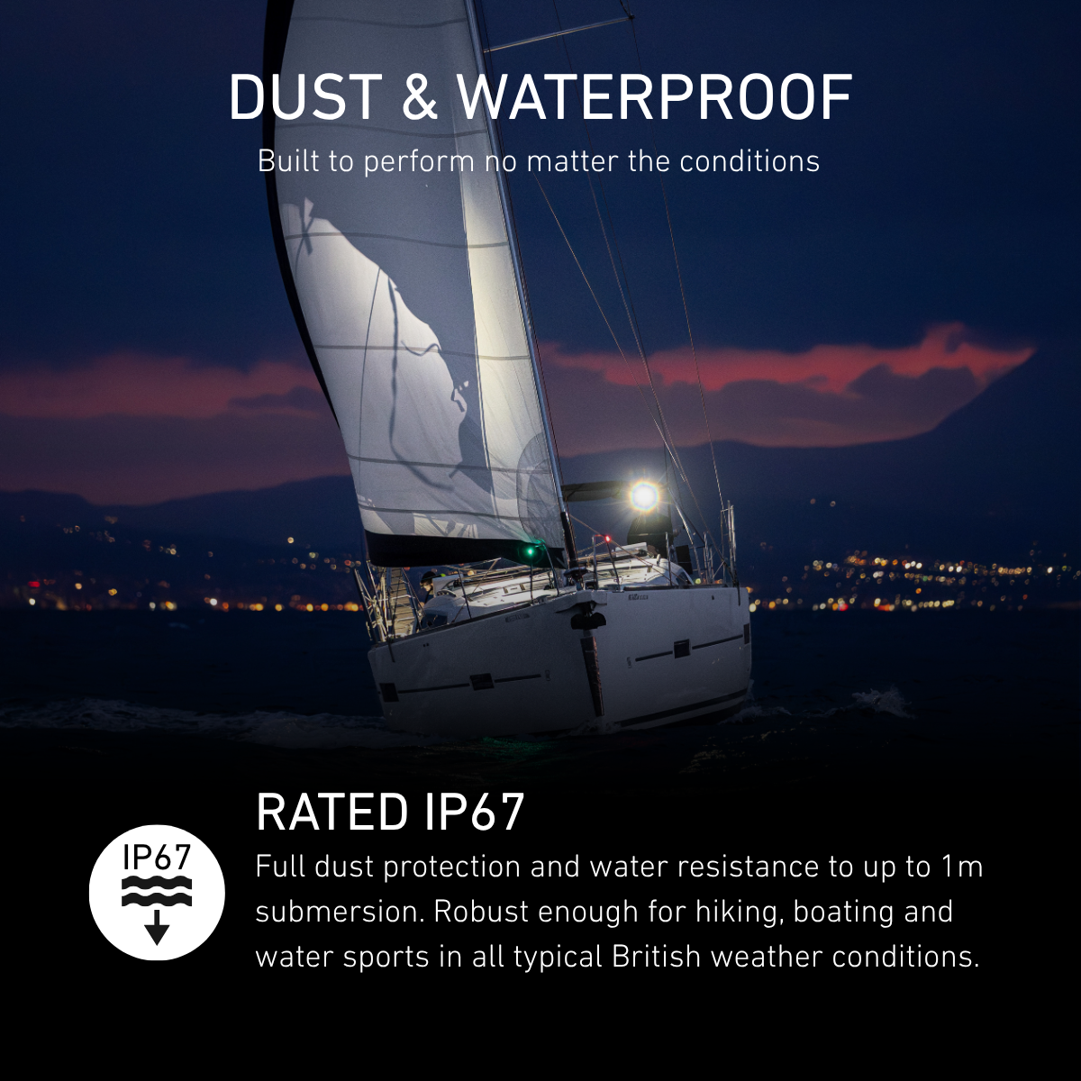Yacht sailing at night with a head torch lighting the deck, rated IP67 dust and waterproof