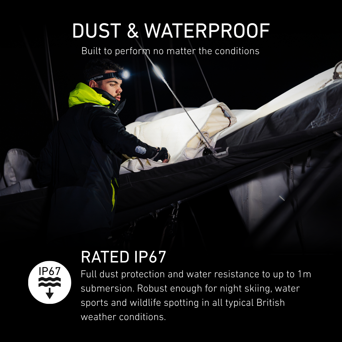 Sailor working on a boat at night under a Ledlenser head torch, rated IP67 dust and waterproof