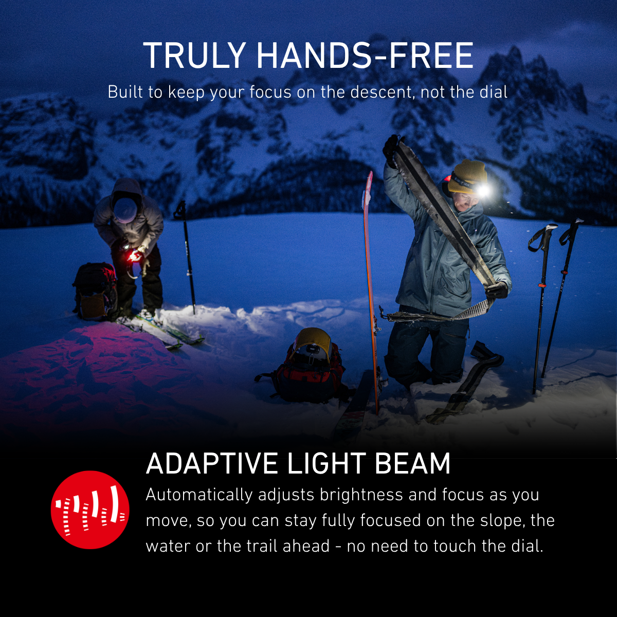 Ski tourers in snowy mountains at night, explaining the Ledlenser Adaptive Light Beam