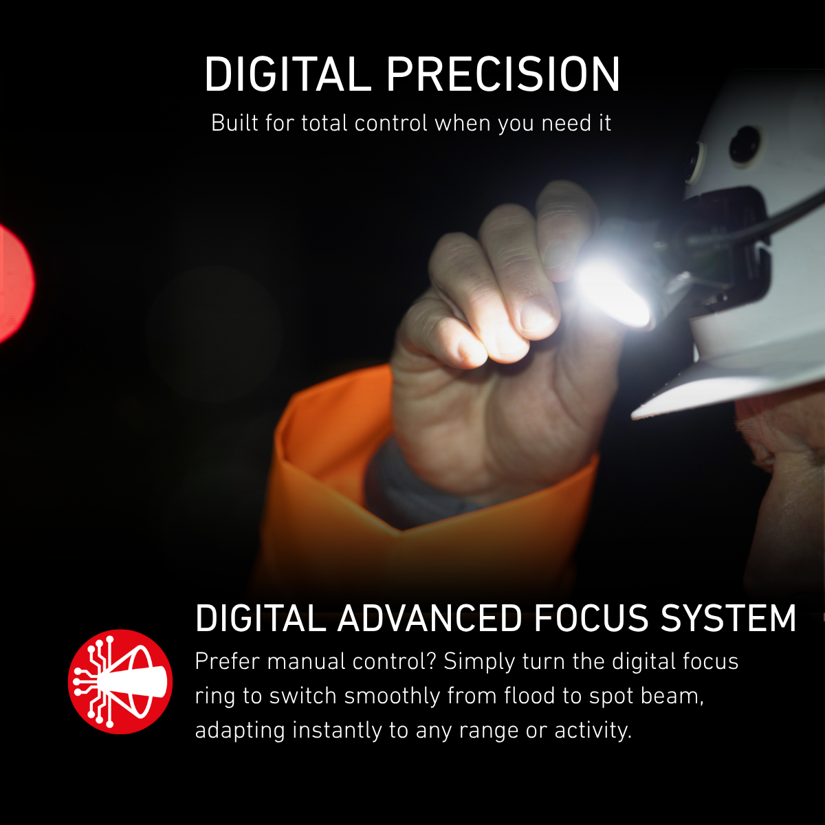 Hand turning the digital focus ring of a lit Ledlenser head torch, explaining the Digital Advanced Focus System