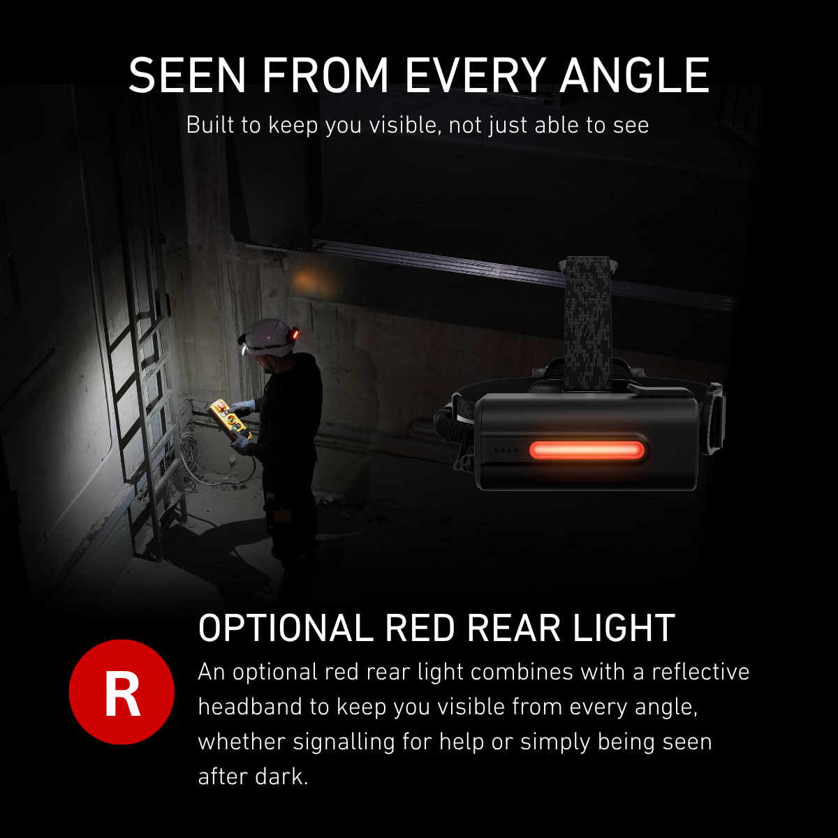 Worker in a dark plant room with the optional red rear light lit on a Ledlenser head torch battery pack
