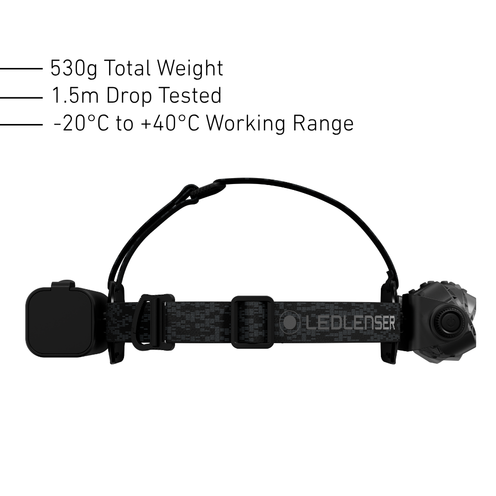 Side view of the Ledlenser H21R headband and top strap, 530g, 1.5m drop tested, -20 to +40C working range