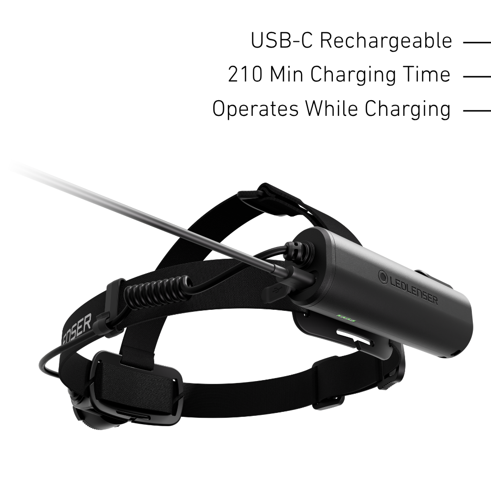 Ledlenser H7R rear battery pack charging by USB-C cable, 210 minute charge time and works while charging