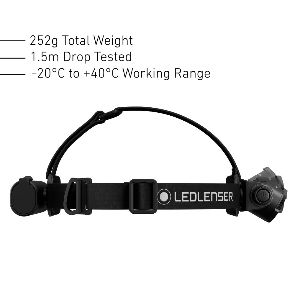 Side view of the Ledlenser H7R headband and top strap, 252g, 1.5m drop tested, -20 to +40C working range