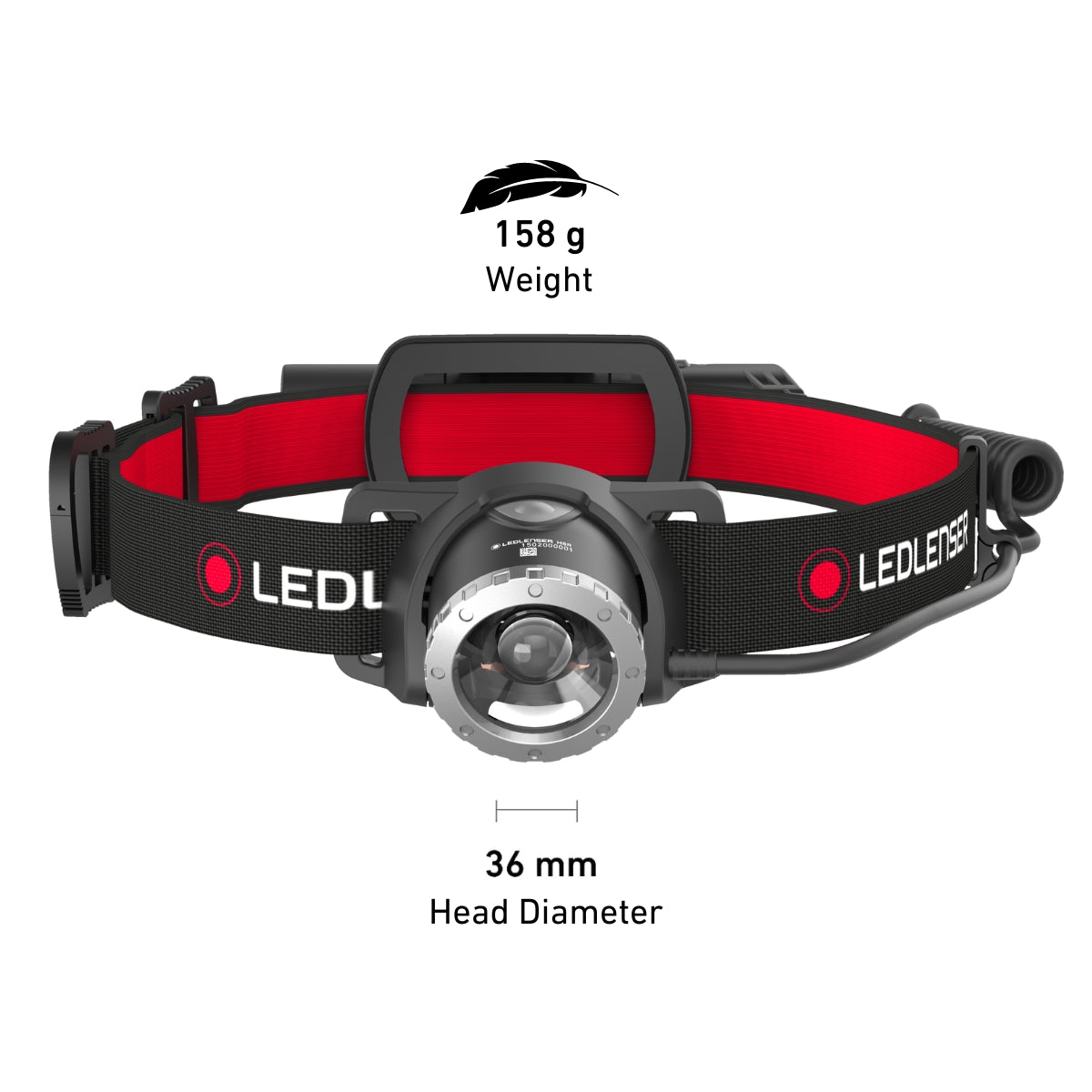 Front of the Ledlenser H8R head torch, 158g with a 36mm lamp head