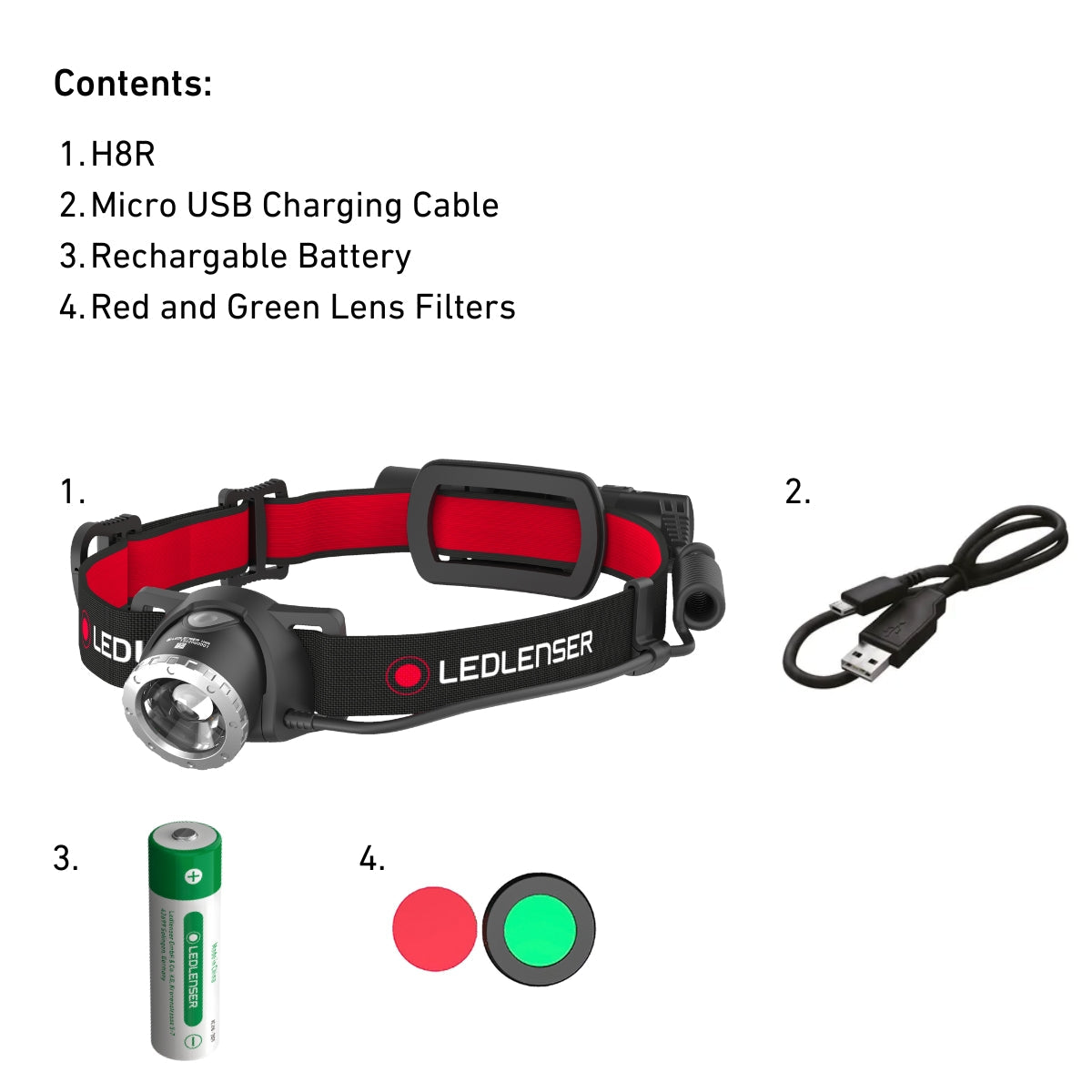 Ledlenser H8R box contents: head torch, Micro-USB charging cable, rechargeable battery, red and green lens filters