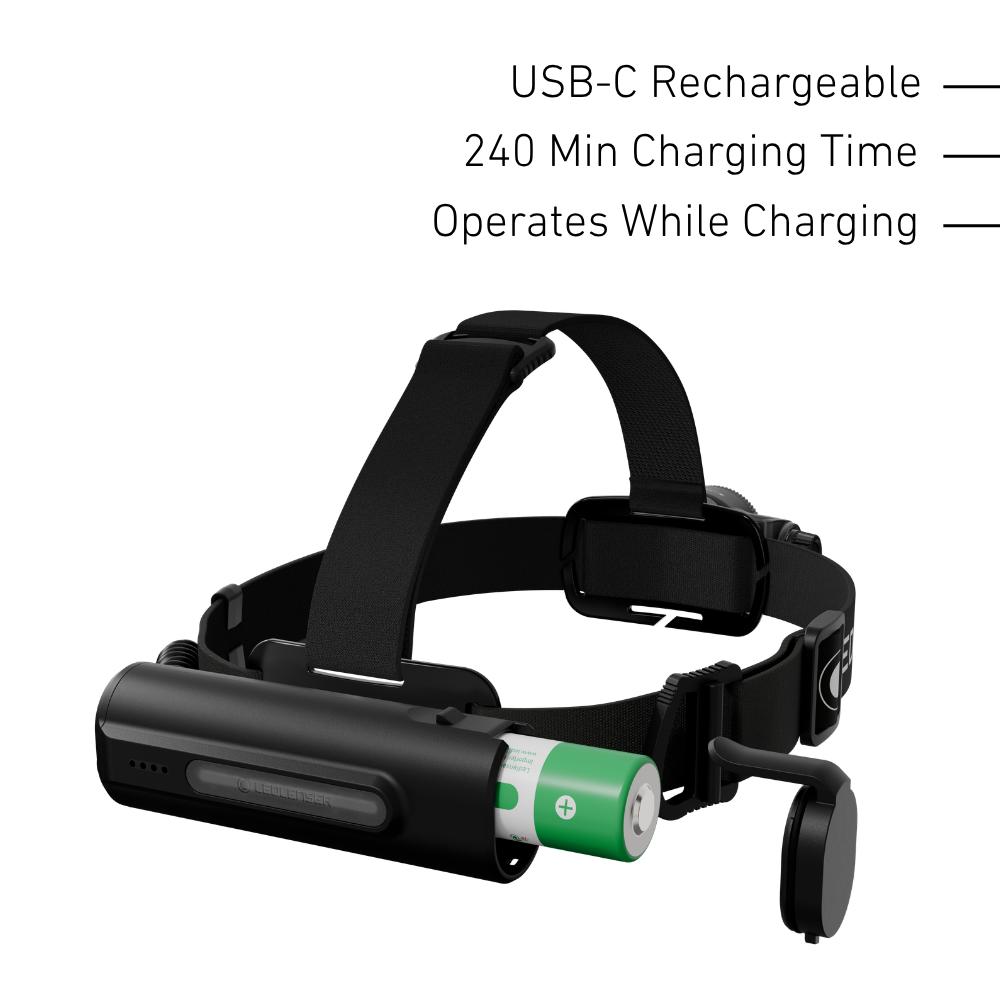Ledlenser H9R rear battery pack with its 21700 cell, USB-C rechargeable with a 240 minute charge time