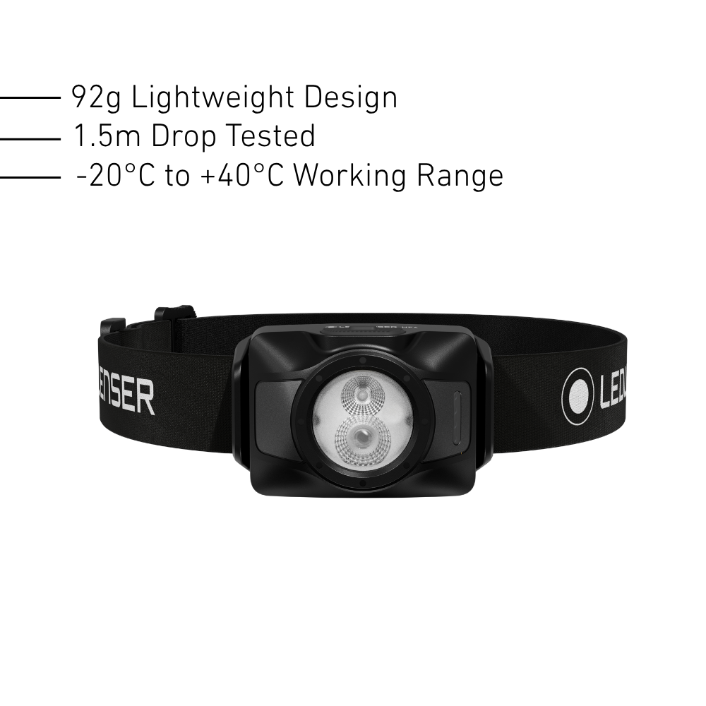 Front of the Ledlenser HF4R in black, 92g, 1.5m drop tested, -20 to +40C working range