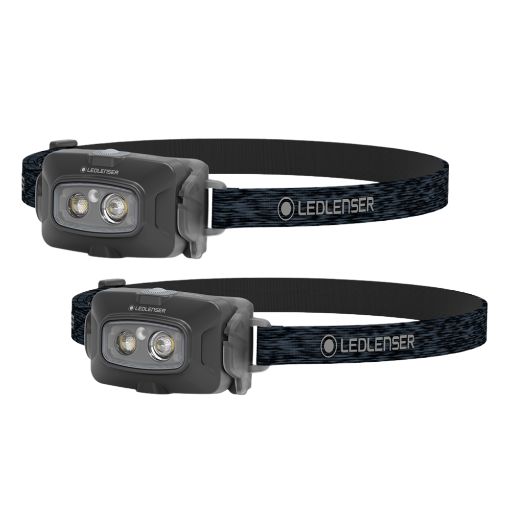 Two Ledlenser HF4R CORE head torches in black with grey patterned headbands