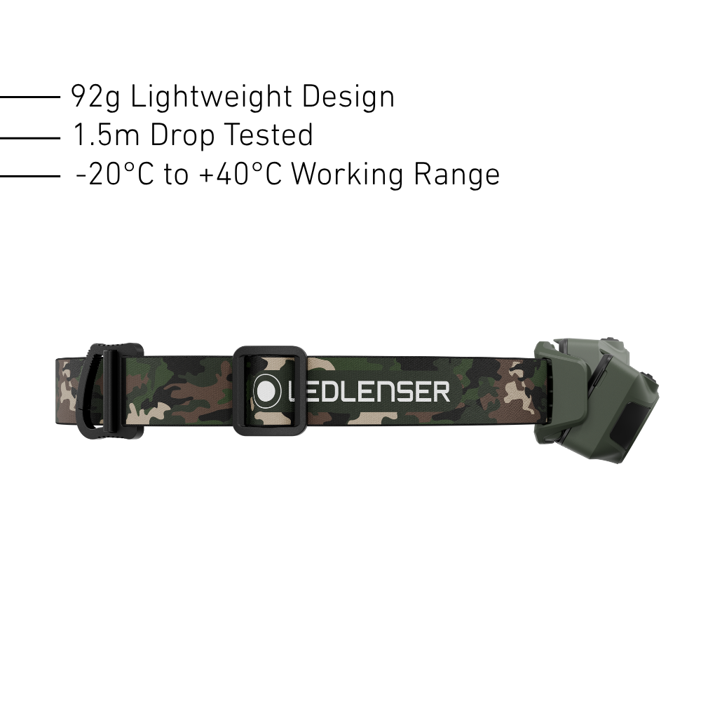 Side view of the Ledlenser HF4R RGB camo headband and tilting lamp head, 92g and 1.5m drop tested