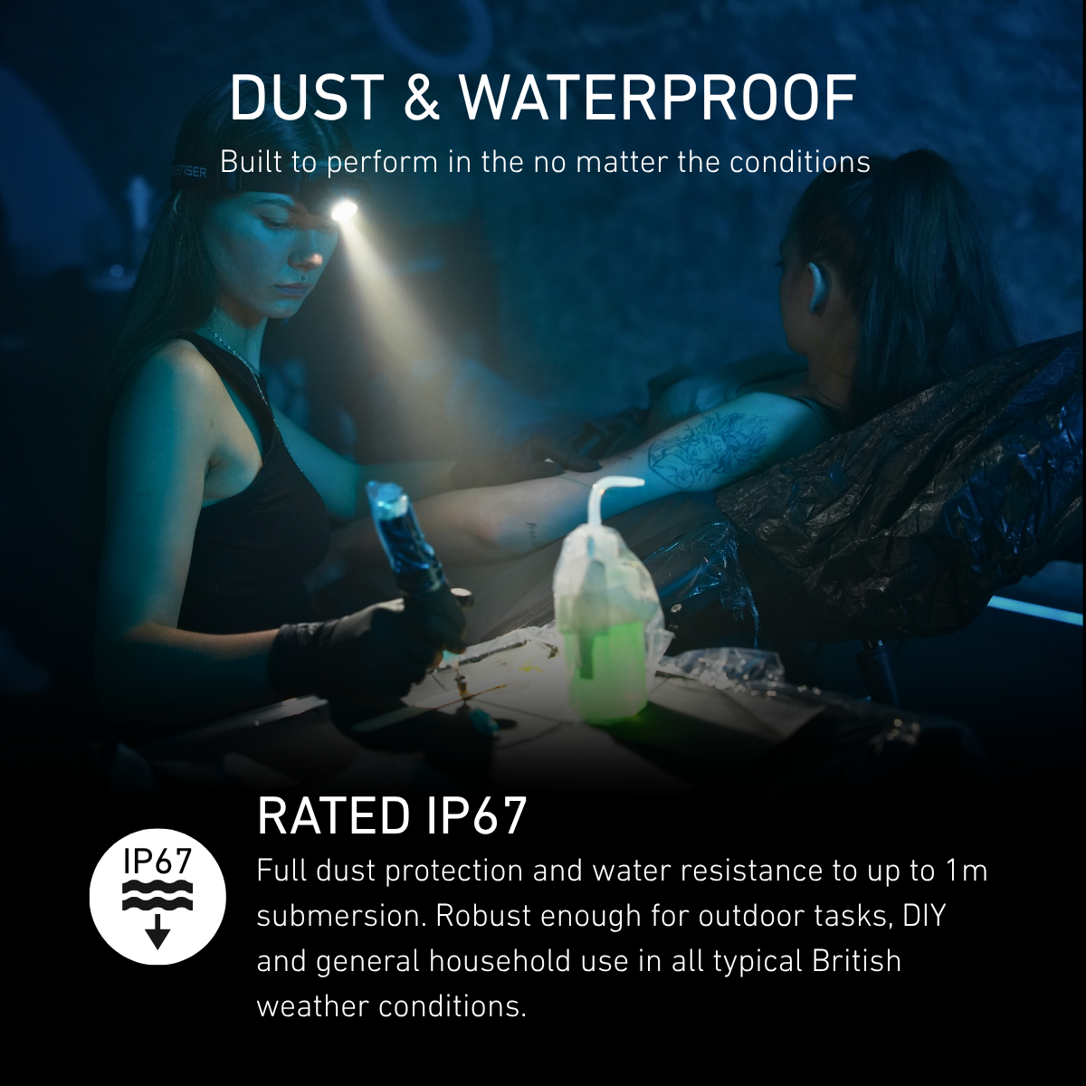 Tattoo artist at work lit by a Ledlenser head torch, rated IP67 dust and waterproof