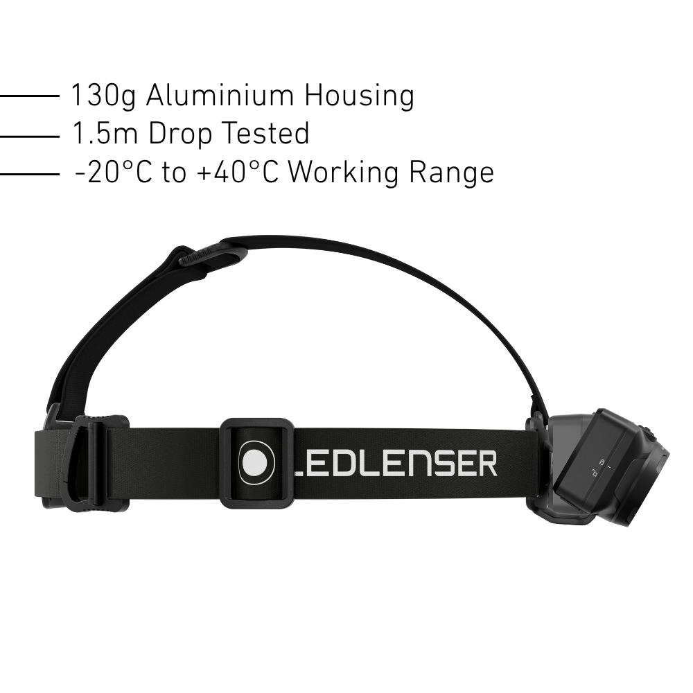 Side view of the Ledlenser HF6R headband and top strap, 130g aluminium housing, 1.5m drop tested