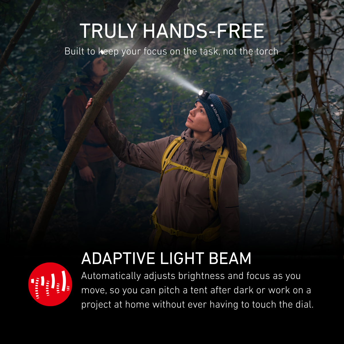 Hiker reaching up to a tree branch in a dark forest, explaining the Ledlenser Adaptive Light Beam