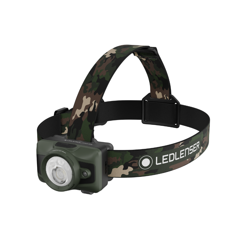 Ledlenser HF6R RGB head torch with olive green housing, woodland camo headband and top strap