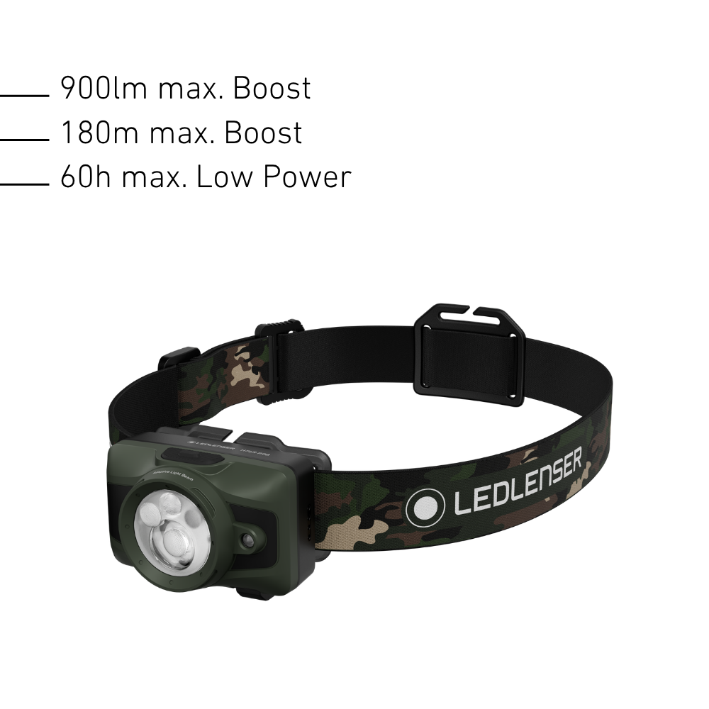Ledlenser HF6R RGB camo head torch with output figures: 900 lumens, 180m beam, 60 hours on Low Power