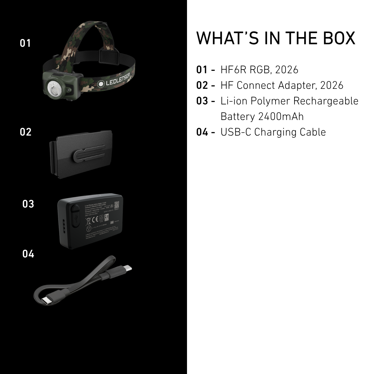 Ledlenser HF6R RGB box contents: head torch, HF Connect Adapter, 2400mAh battery and USB-C cable