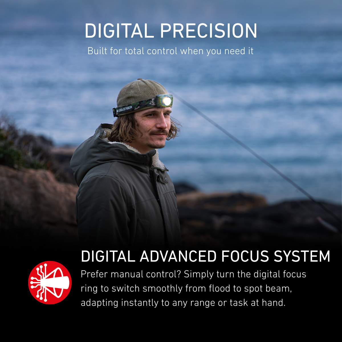 Angler on a rocky shore wearing a Ledlenser head torch, illustrating the Digital Advanced Focus System