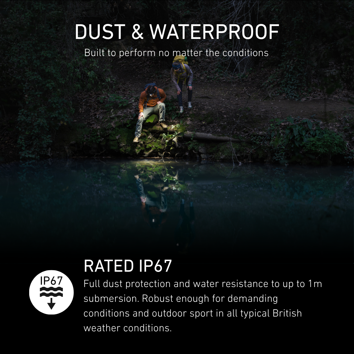 Two walkers by a river at night lit by Ledlenser head torches, rated IP67 dust and waterproof