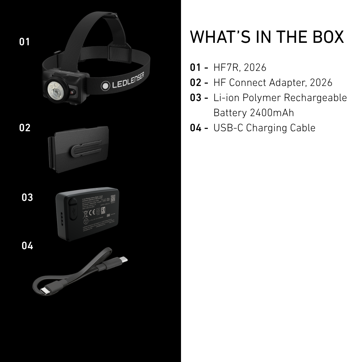 Ledlenser HF7R box contents: head torch, HF Connect Adapter, 2400mAh battery and USB-C cable