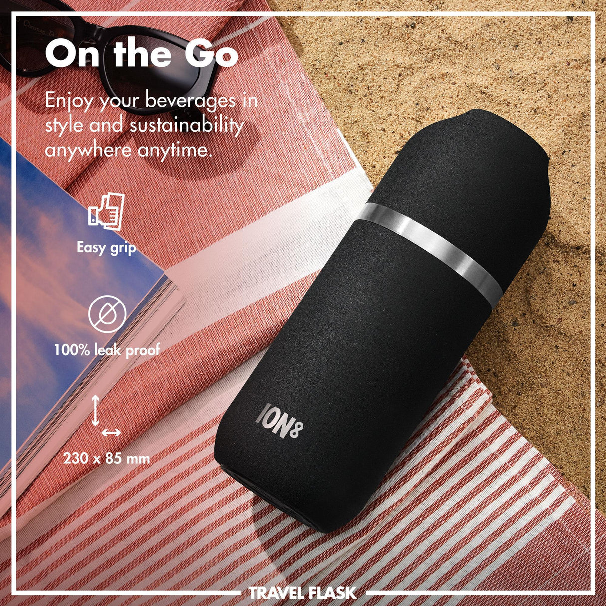 ION8 Luma Insulated Steel Flask & Mug, Black, 700ml