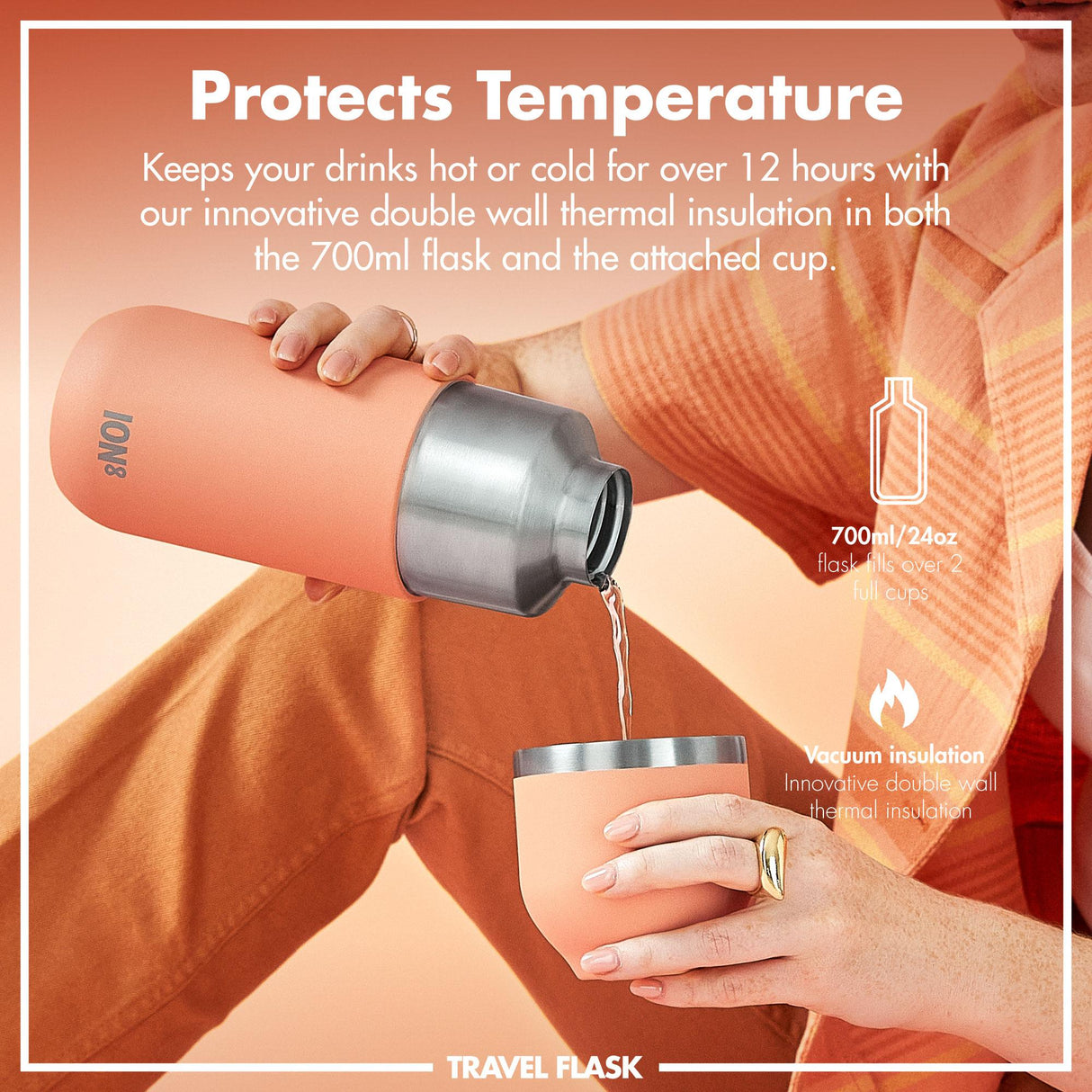 ION8 Luma Insulated Steel Flask & Mug, Coral, 700ml