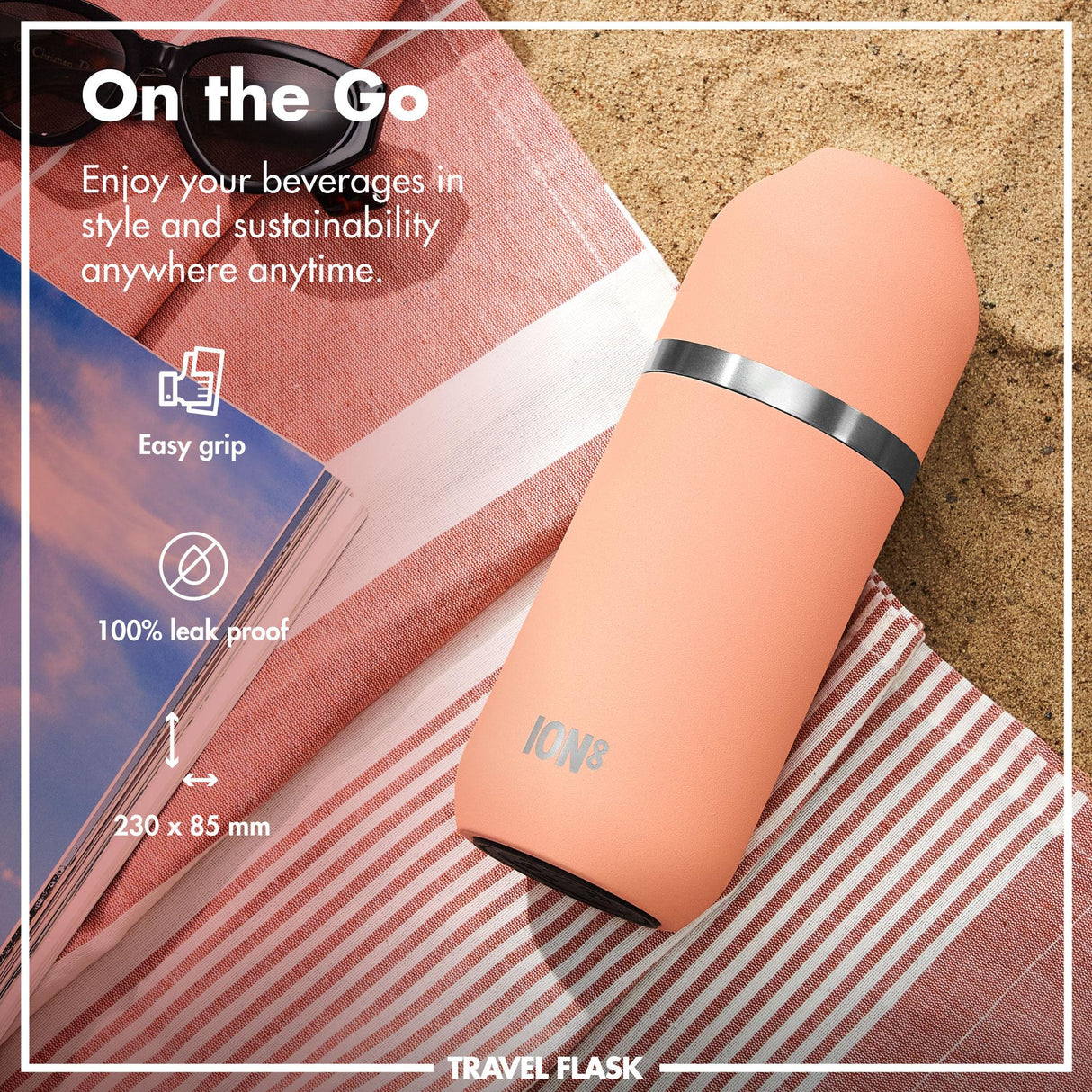 ION8 Luma Insulated Steel Flask & Mug, Coral, 700ml