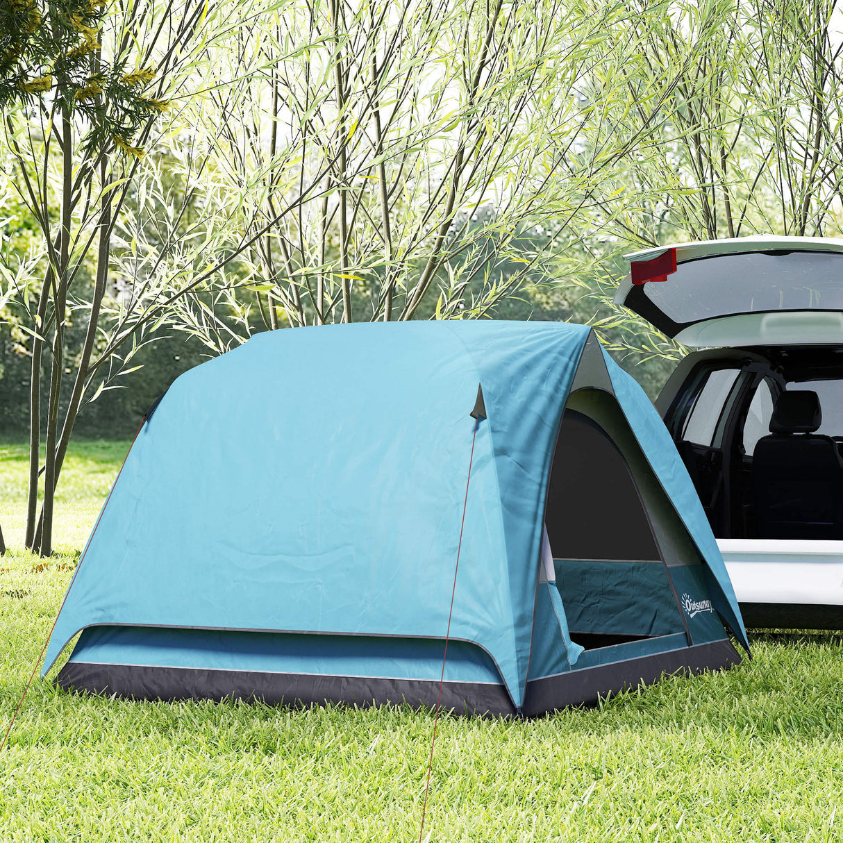 Outsunny 3-4 Person Camping Tent - Navy Blue & Light Blue packed in carry bag