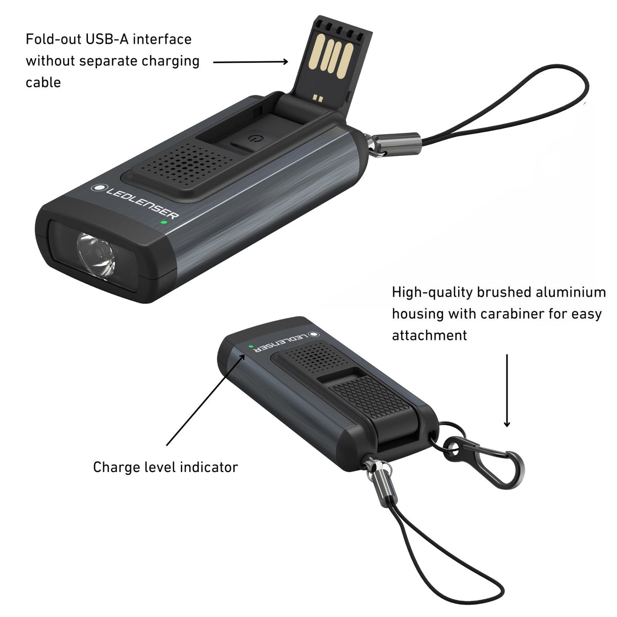 Ledlenser K6R Safety infographic showing the fold-out USB-A, charge indicator and carabiner